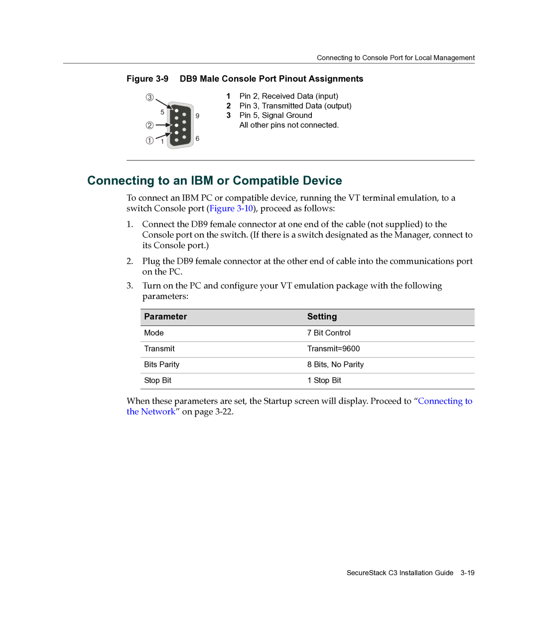 Enterasys Networks C3G124-24P, C3G124-48P manual Connecting to an IBM or Compatible Device, Parameter Setting 