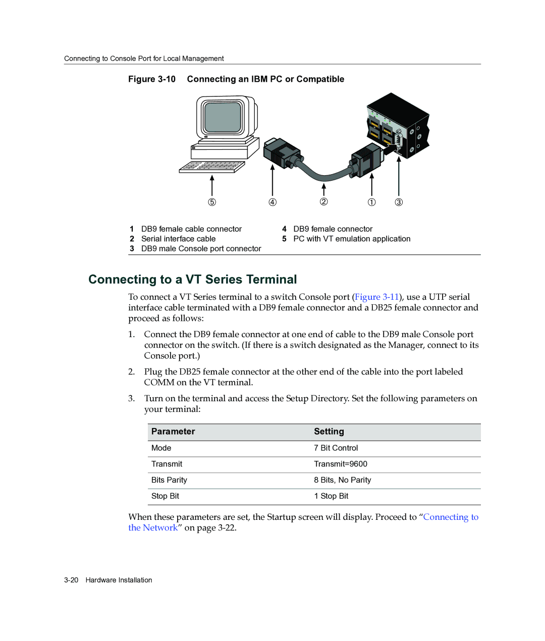 Enterasys Networks C3G124-48P, C3G124-24P manual Connecting to a VT Series Terminal, Connecting an IBM PC or Compatible 