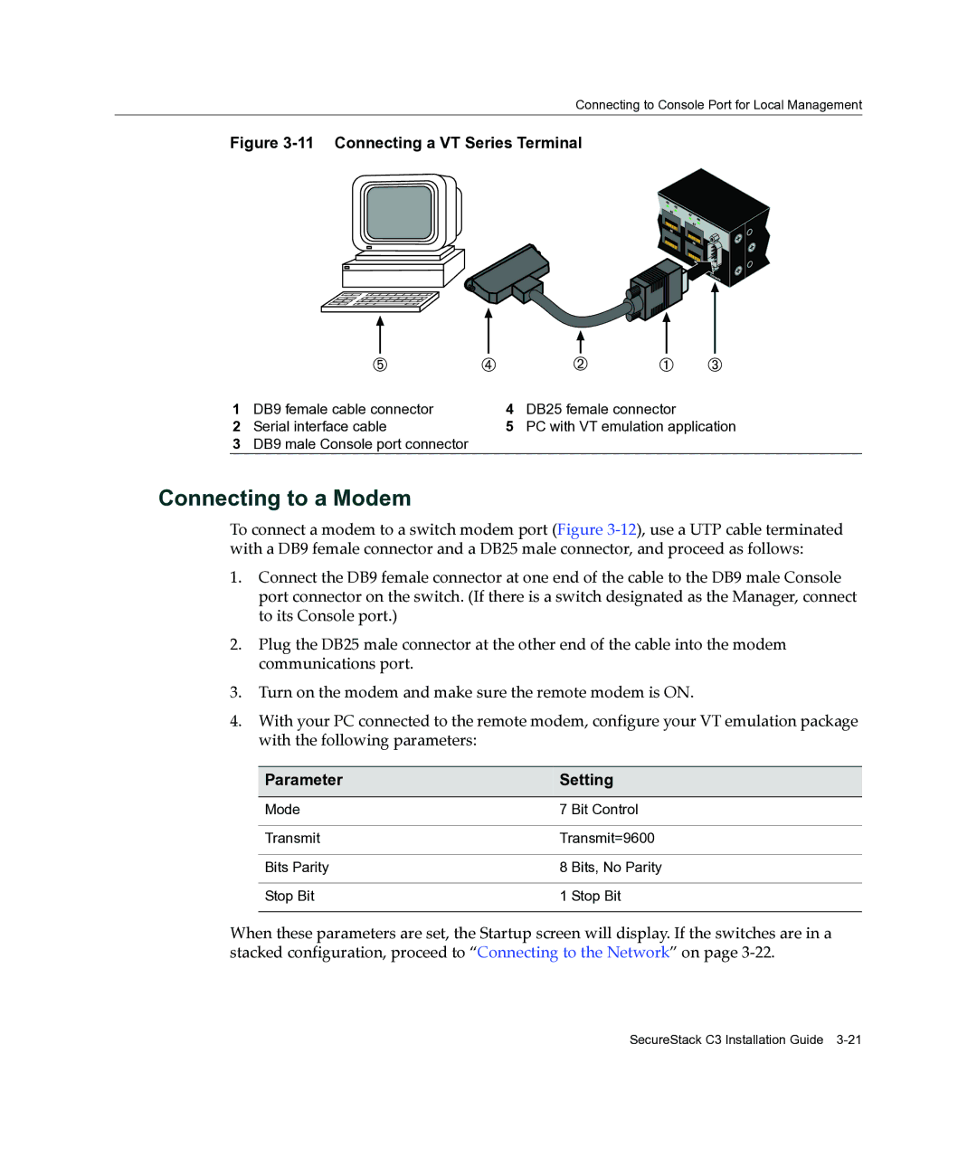 Enterasys Networks C3G124-24P, C3G124-48P manual Connecting to a Modem, Connecting a VT Series Terminal 