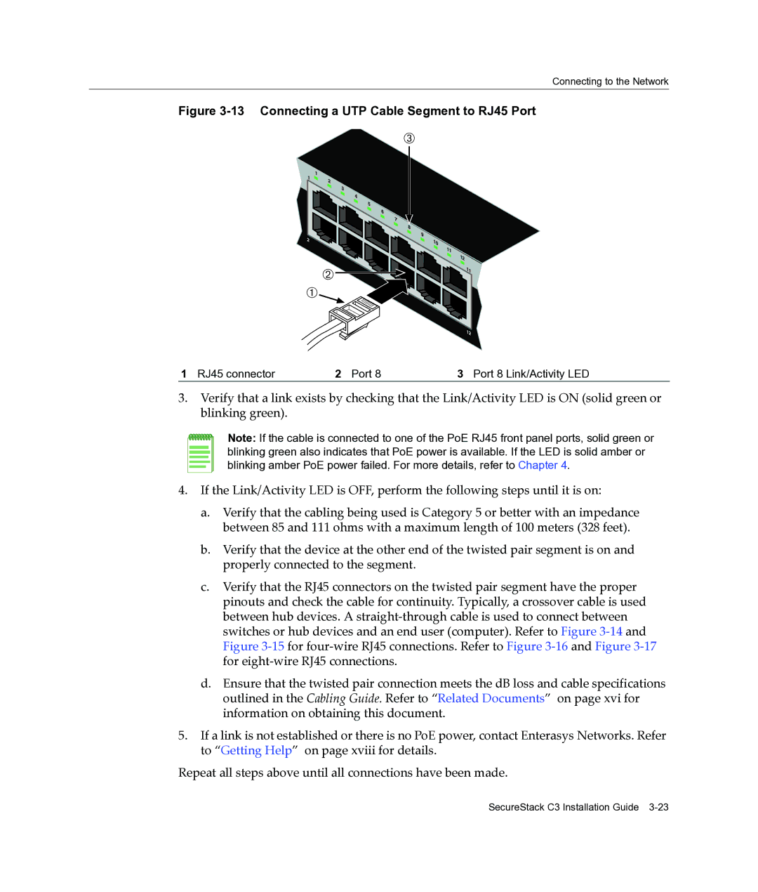 Enterasys Networks C3G124-24P, C3G124-48P manual Connecting a UTP Cable Segment to RJ45 Port 