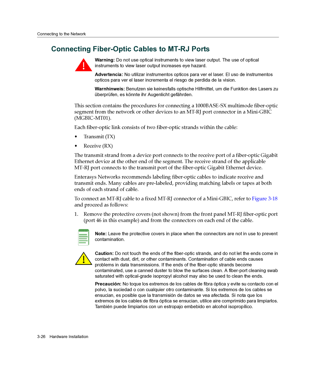 Enterasys Networks C3G124-48P, C3G124-24P manual Connecting Fiber-Optic Cables to MT-RJ Ports 