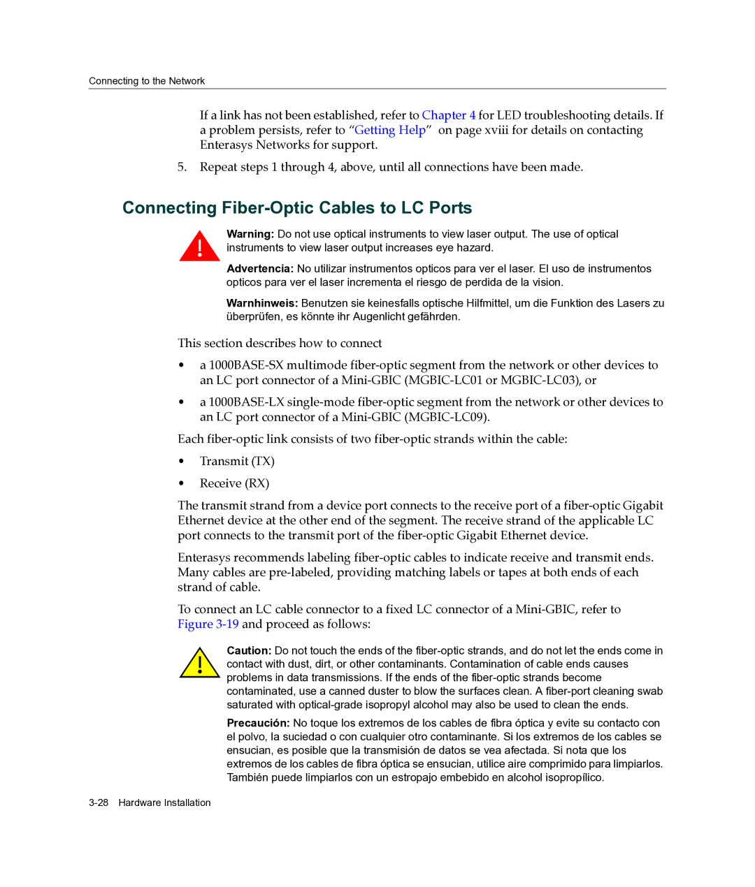 Enterasys Networks C3G124-48P, C3G124-24P manual Connecting Fiber-Optic Cables to LC Ports 