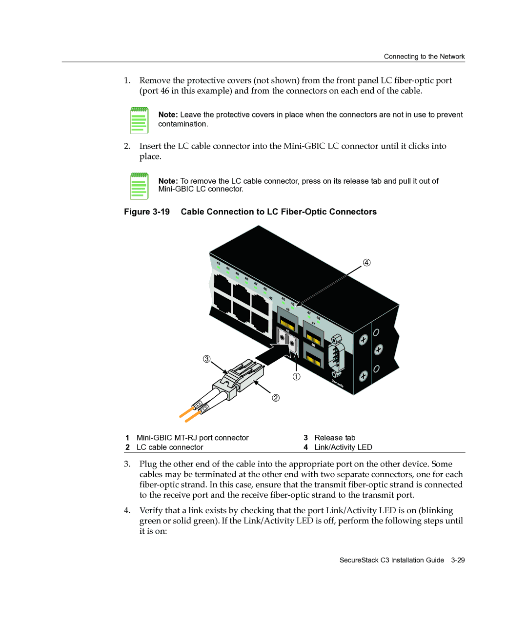 Enterasys Networks C3G124-24P, C3G124-48P manual Cable Connection to LC Fiber-Optic Connectors 