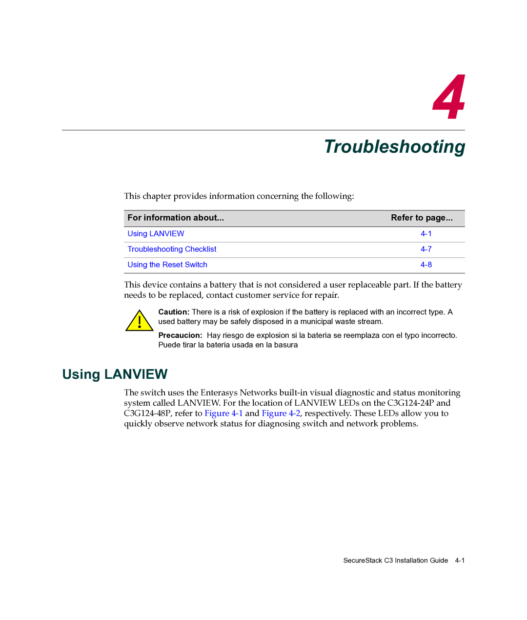 Enterasys Networks C3G124-24P, C3G124-48P manual Troubleshooting, Using Lanview 