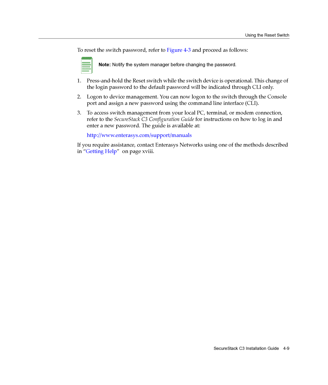 Enterasys Networks C3G124-24P, C3G124-48P manual Using the Reset Switch 