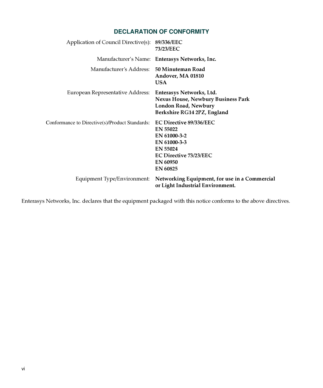 Enterasys Networks C3G124-24P, C3G124-48P manual Declaration of Conformity 