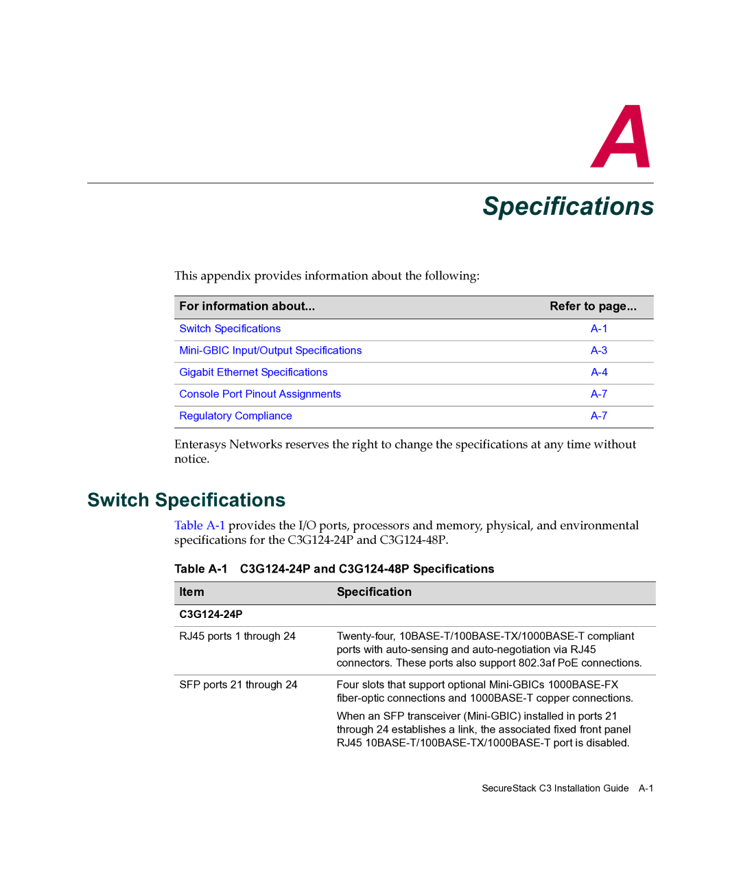 Enterasys Networks manual Switch Specifications, Table A-1 C3G124-24P and C3G124-48P Specifications 