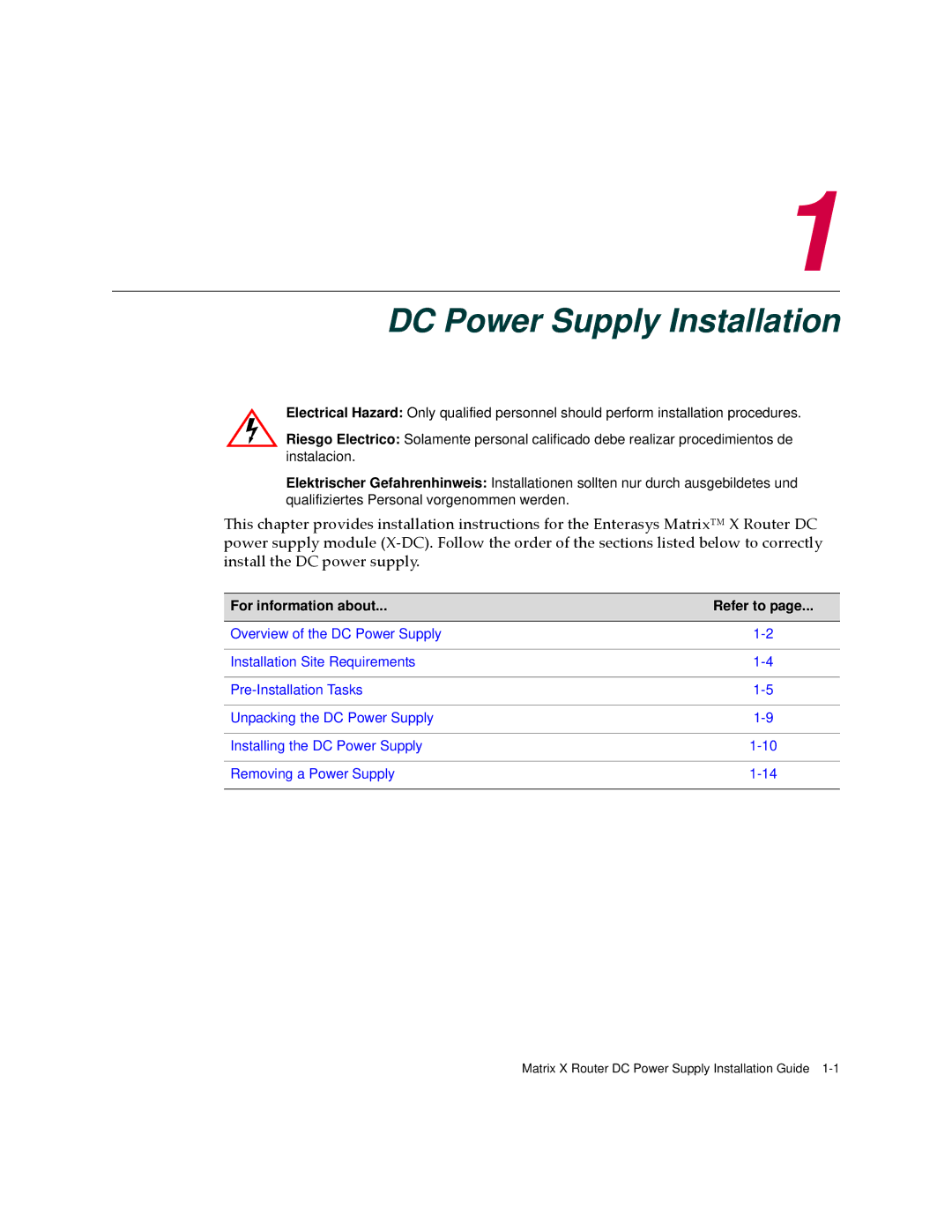 Enterasys Networks CM Version 1.0 manual DC Power Supply Installation 