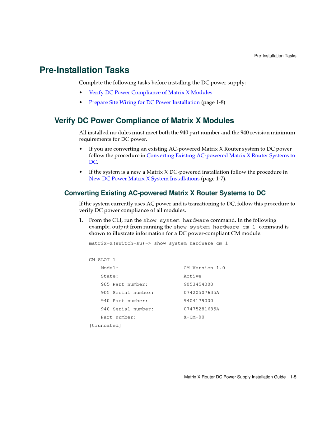 Enterasys Networks CM Version 1.0 manual Pre-Installation Tasks, Verify DC Power Compliance of Matrix X Modules 