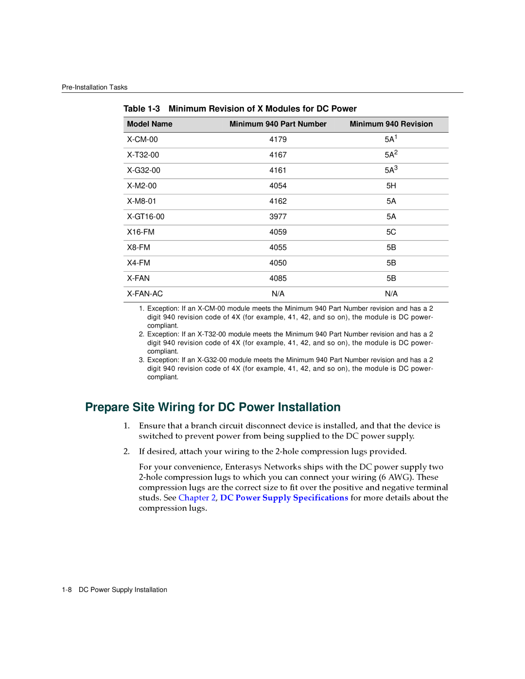 Enterasys Networks CM Version 1.0 manual Minimum Revision of X Modules for DC Power 