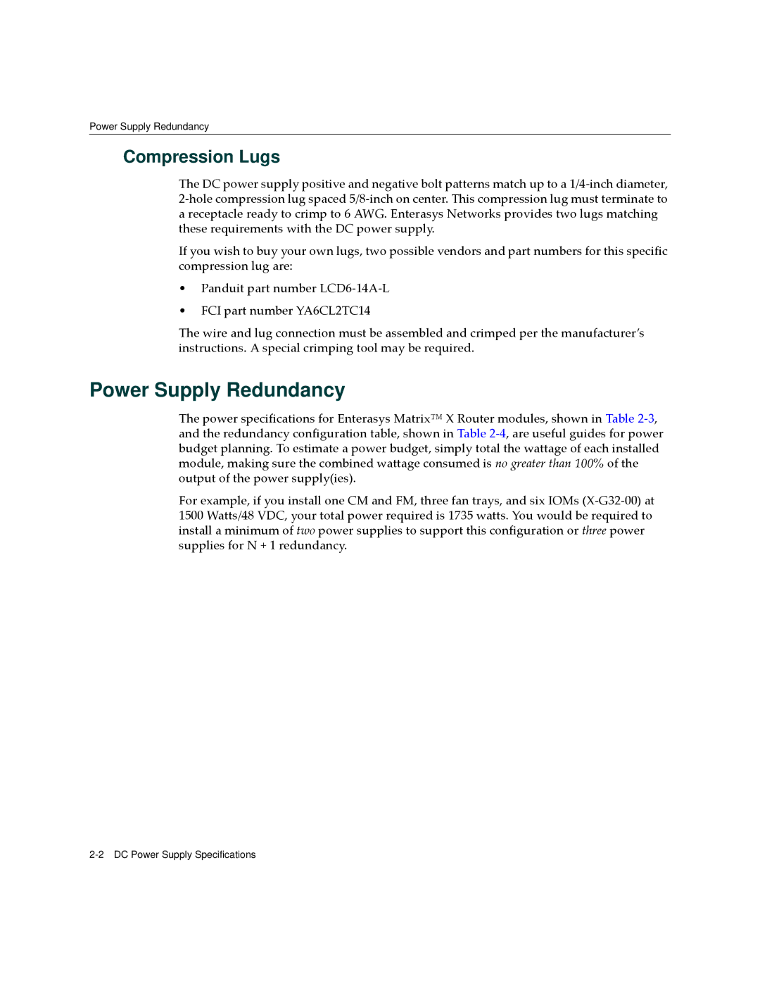 Enterasys Networks CM Version 1.0 manual Power Supply Redundancy, Compression Lugs 