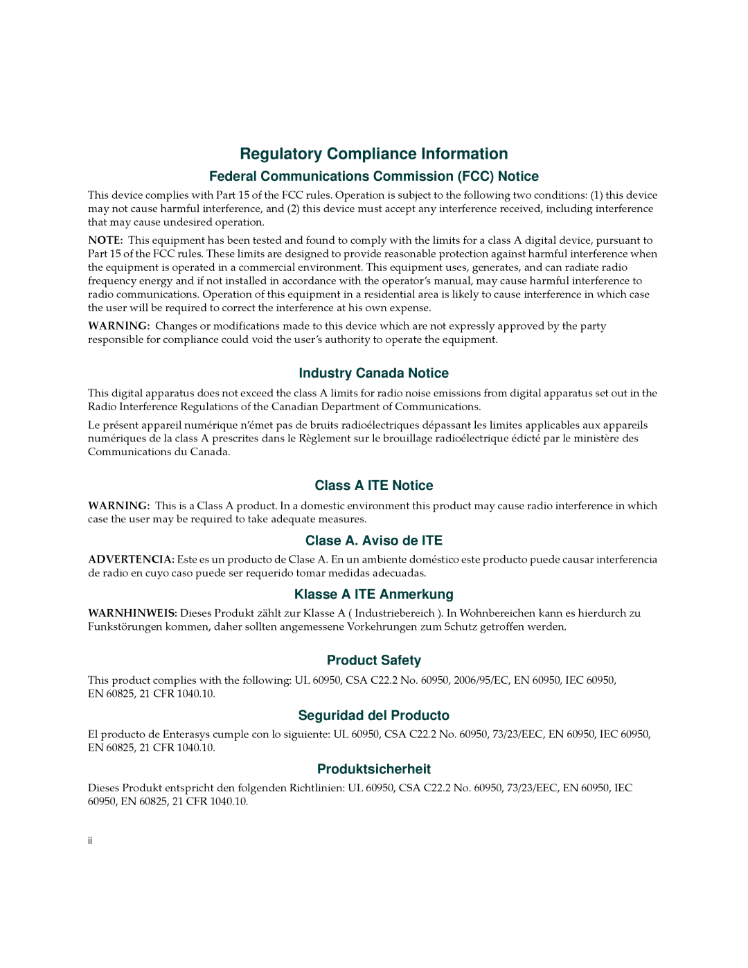 Enterasys Networks CM Version 1.0 manual Regulatory Compliance Information 