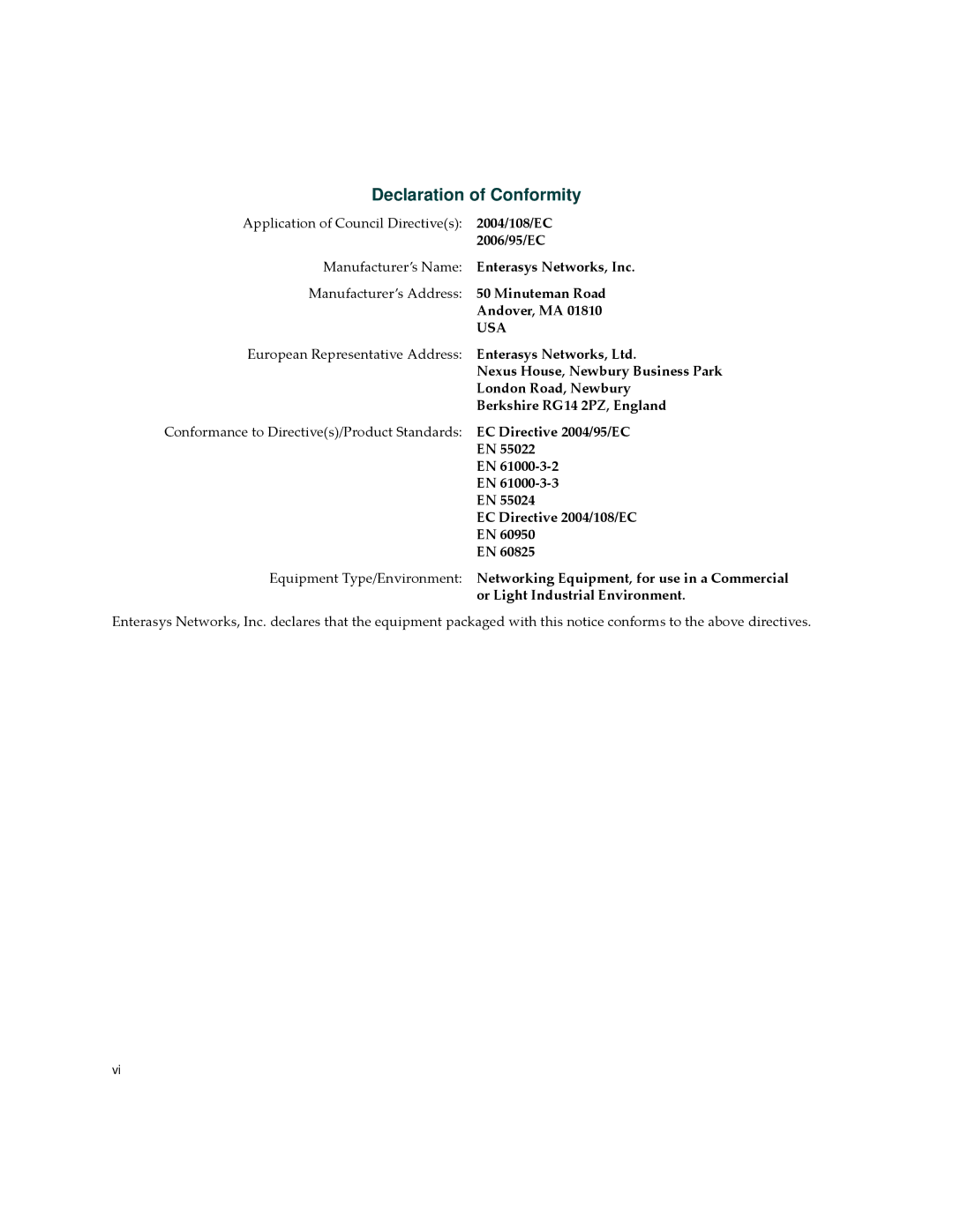 Enterasys Networks CM Version 1.0 manual Declaration of Conformity 