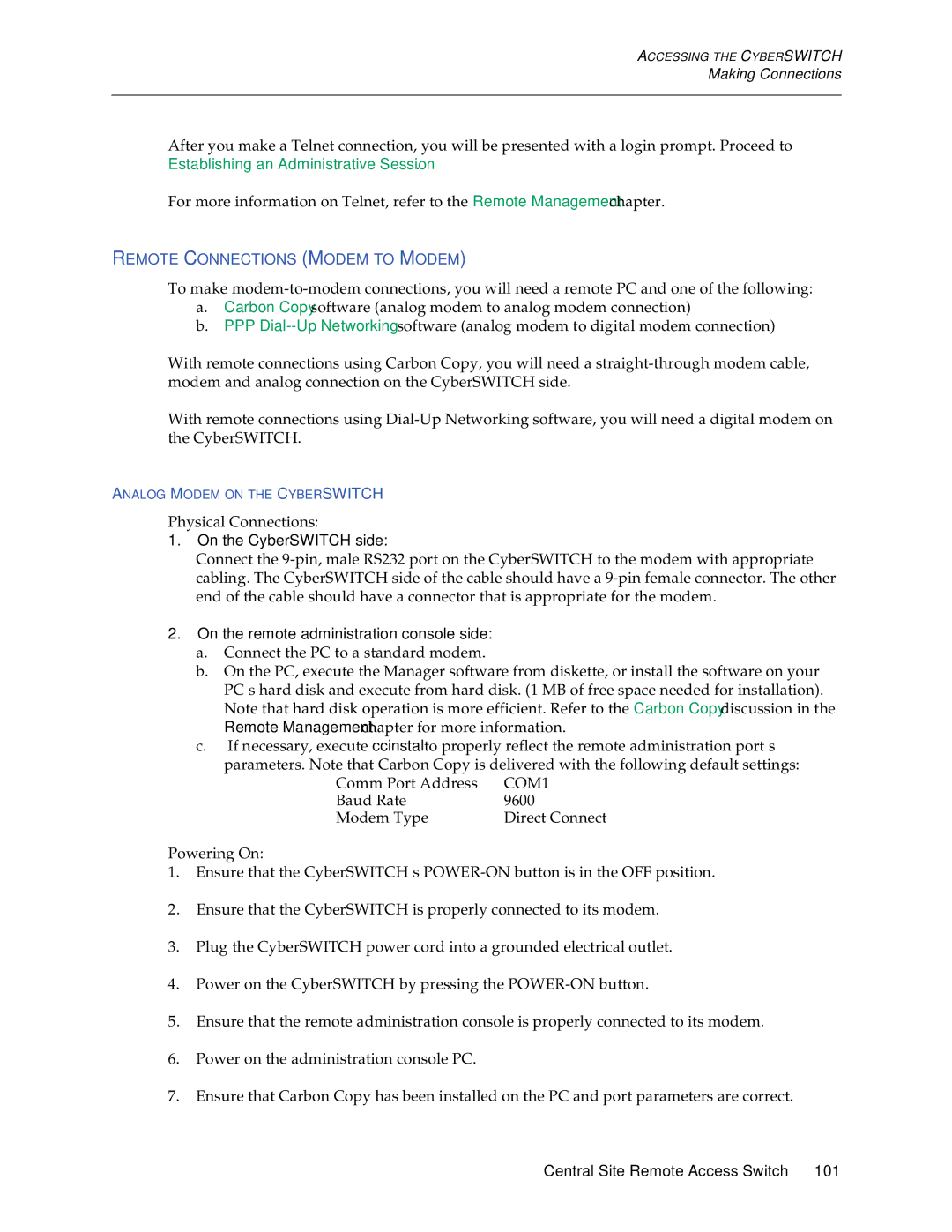 Enterasys Networks CSX7000, CSX5500, CSX6000 manual Remote Connections Modem to Modem, On the CyberSWITCH side, COM1 