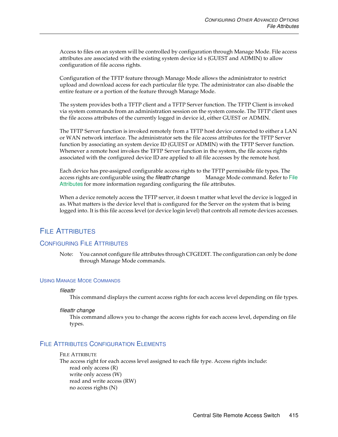 Enterasys Networks CSX6000, CSX5500, CSX7000 manual Configuring File Attributes, File Attributes Configuration Elements 