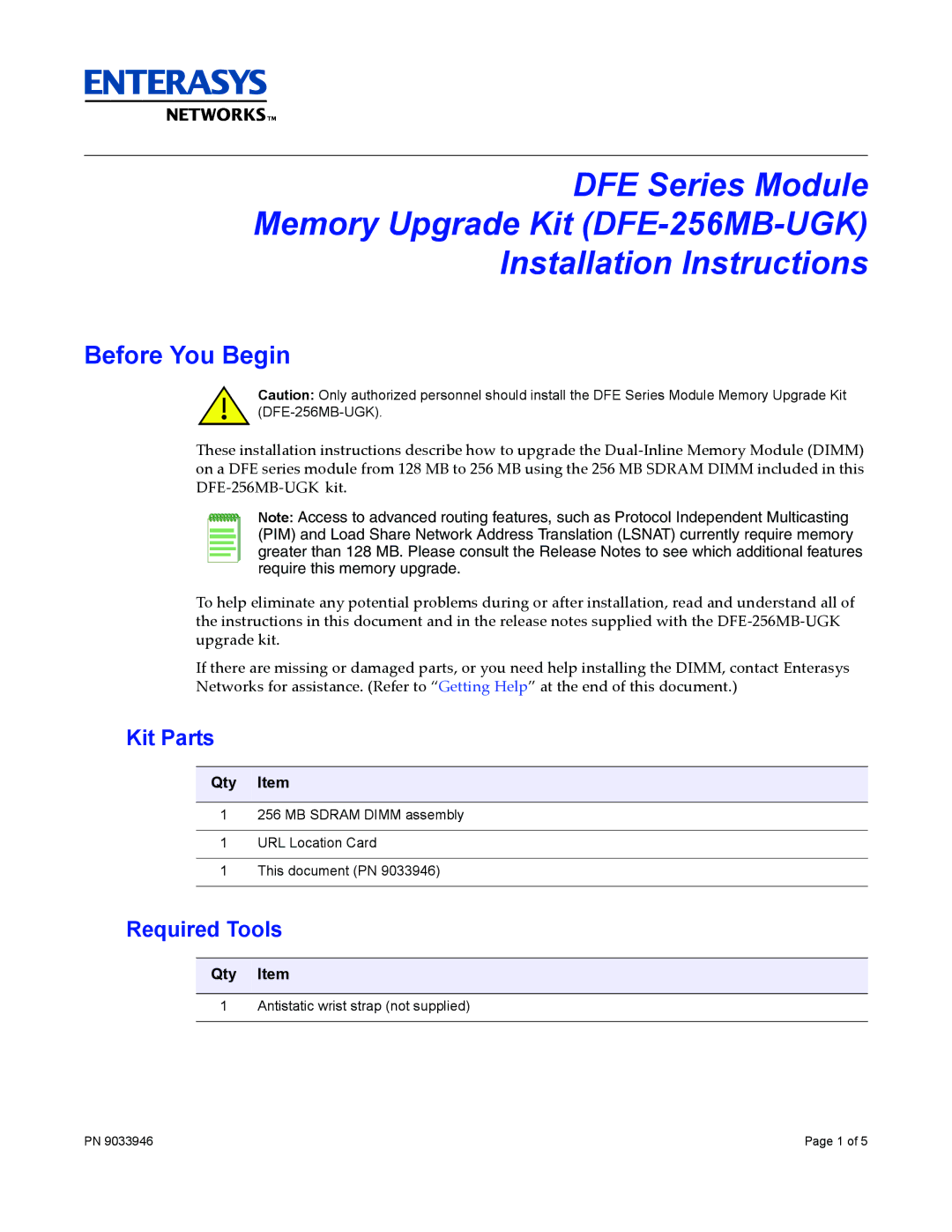 Enterasys Networks DFE-256MB-UGK installation instructions Before You Begin, Kit Parts, Required Tools 