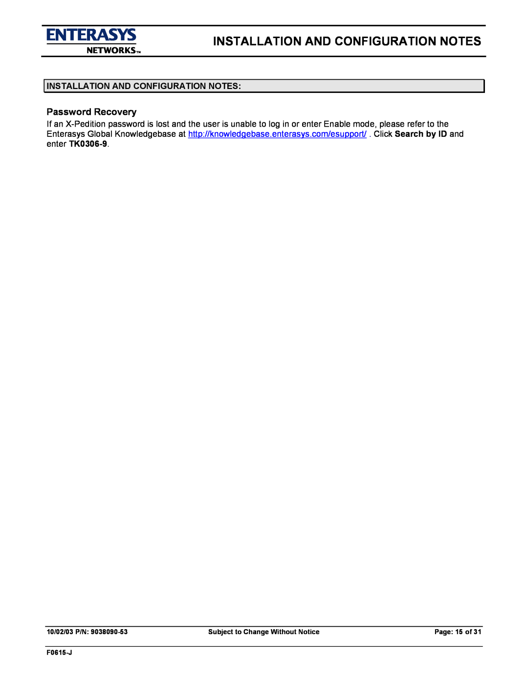 Enterasys Networks E9.1.7.0 manual Installation And Configuration Notes, Password Recovery, Page 15 of 