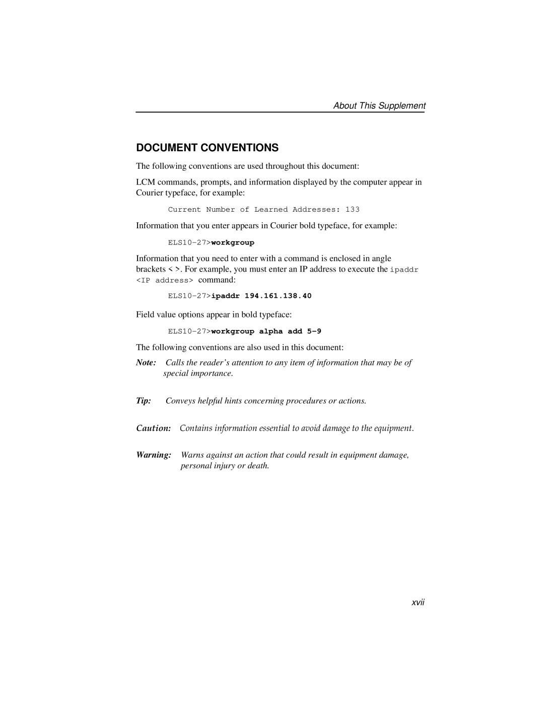 Enterasys Networks ELS10-27TX manual Document Conventions 