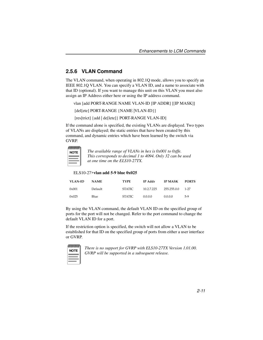 Enterasys Networks ELS10-27TX manual Vlan Command, ELS10-27vlan add 5-9 blue 