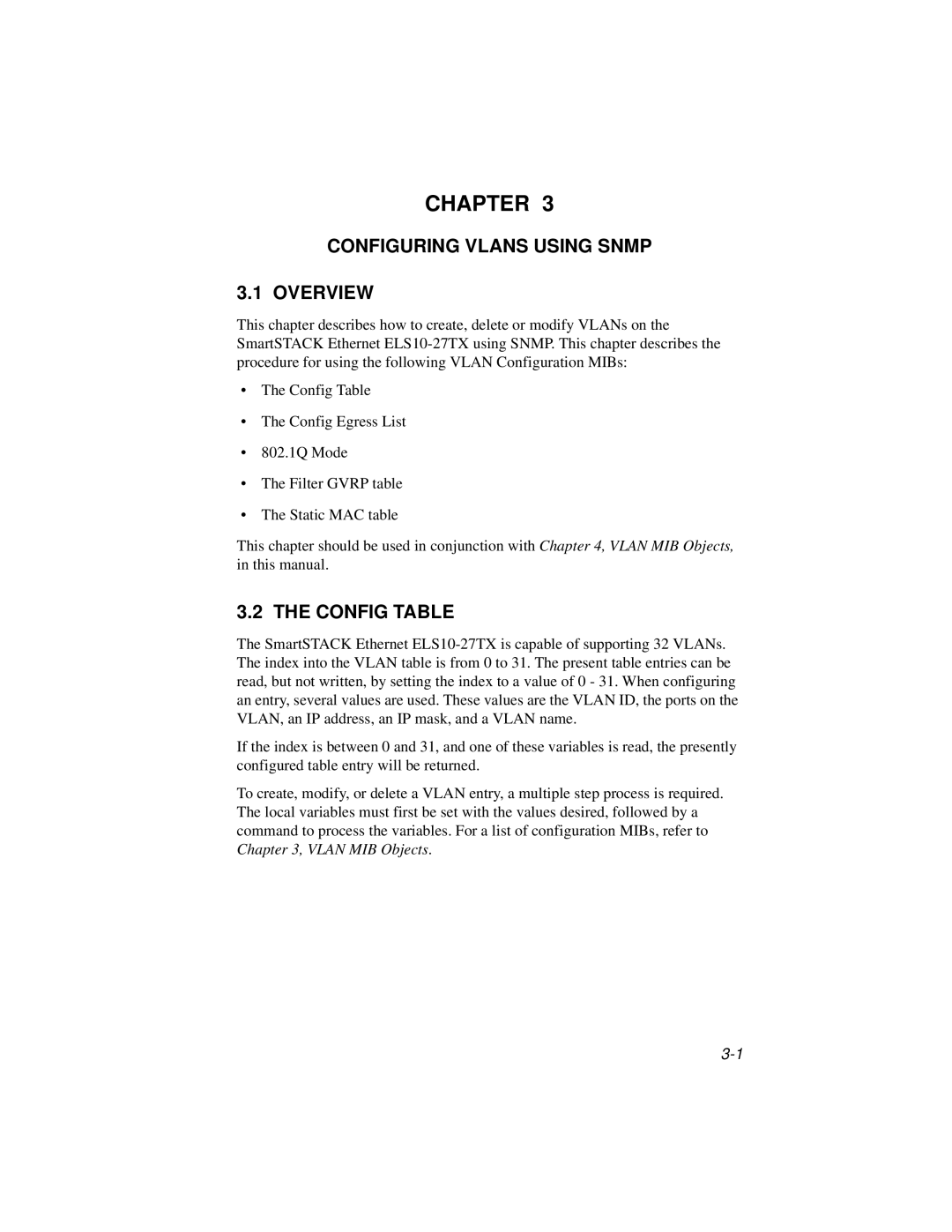 Enterasys Networks ELS10-27TX manual Configuring Vlans Using Snmp Overview, Config Table 