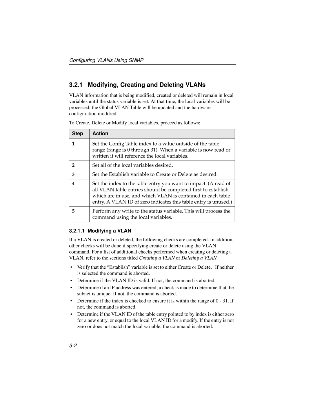 Enterasys Networks ELS10-27TX manual Modifying, Creating and Deleting VLANs, Step Action, Modifying a Vlan 