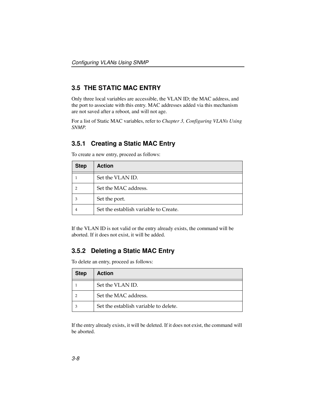 Enterasys Networks ELS10-27TX manual Creating a Static MAC Entry, Deleting a Static MAC Entry 