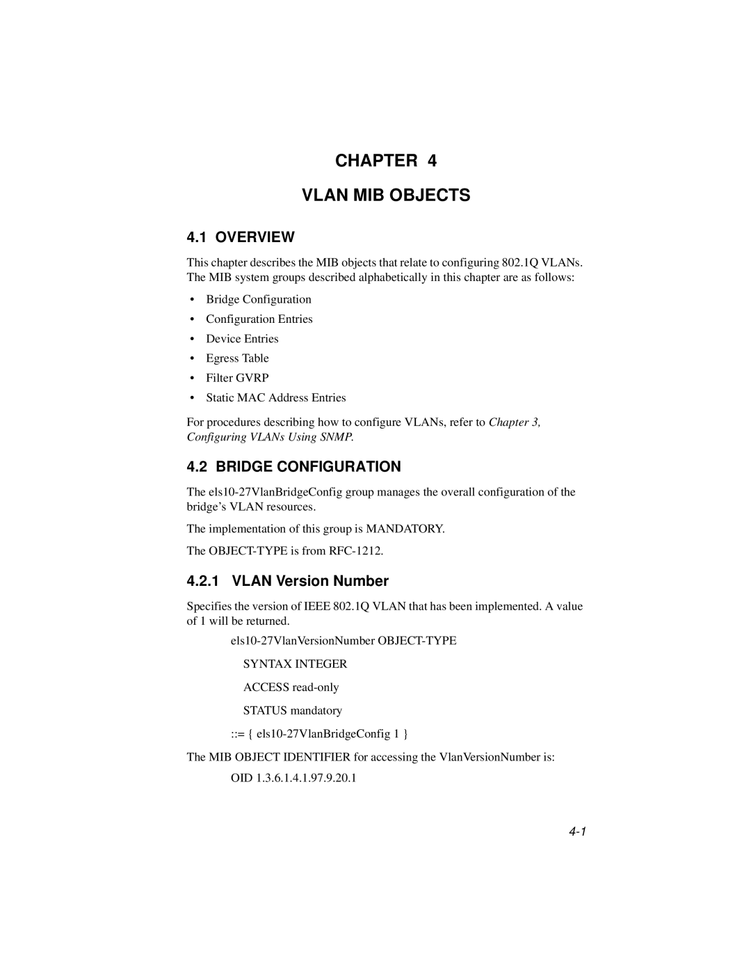 Enterasys Networks ELS10-27TX manual Bridge Configuration, Vlan Version Number 