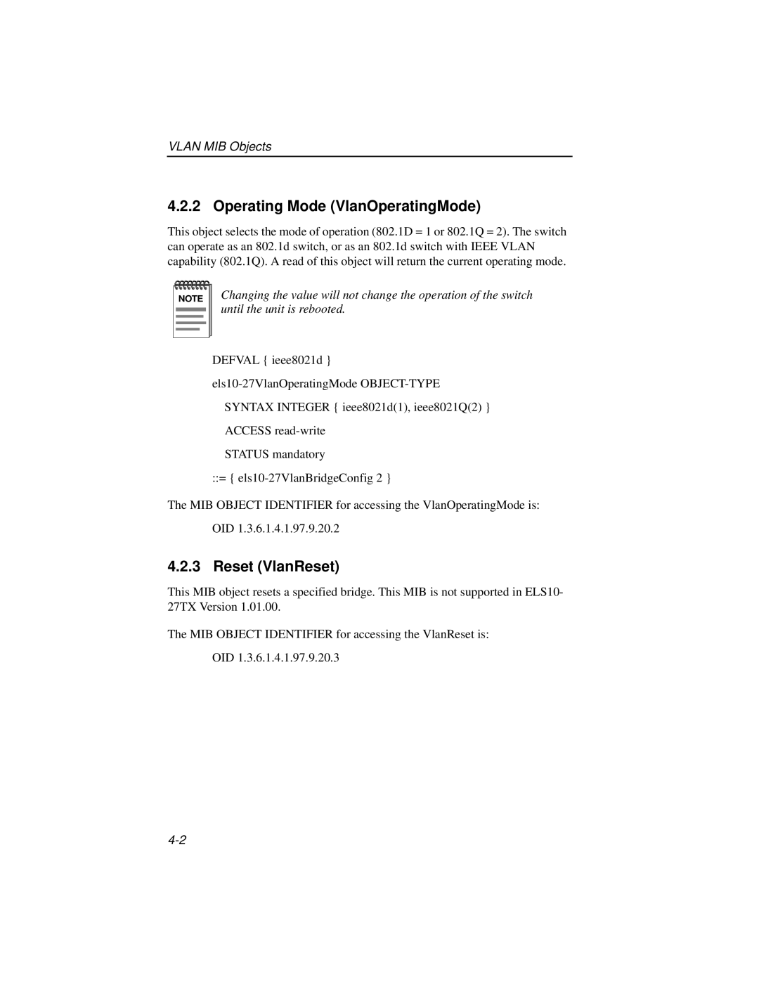 Enterasys Networks ELS10-27TX manual Operating Mode VlanOperatingMode, Reset VlanReset 