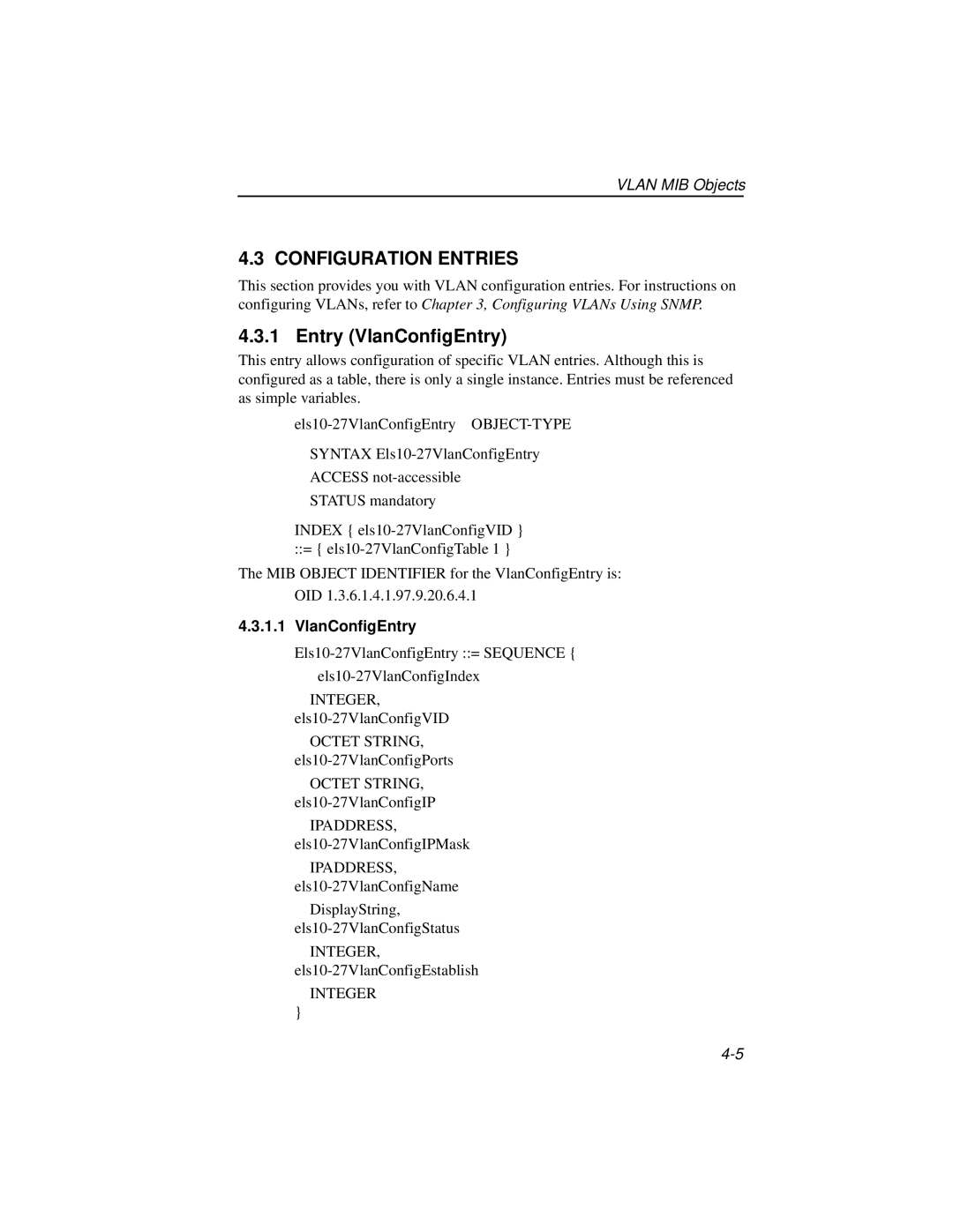 Enterasys Networks ELS10-27TX manual Configuration Entries, Entry VlanConfigEntry 