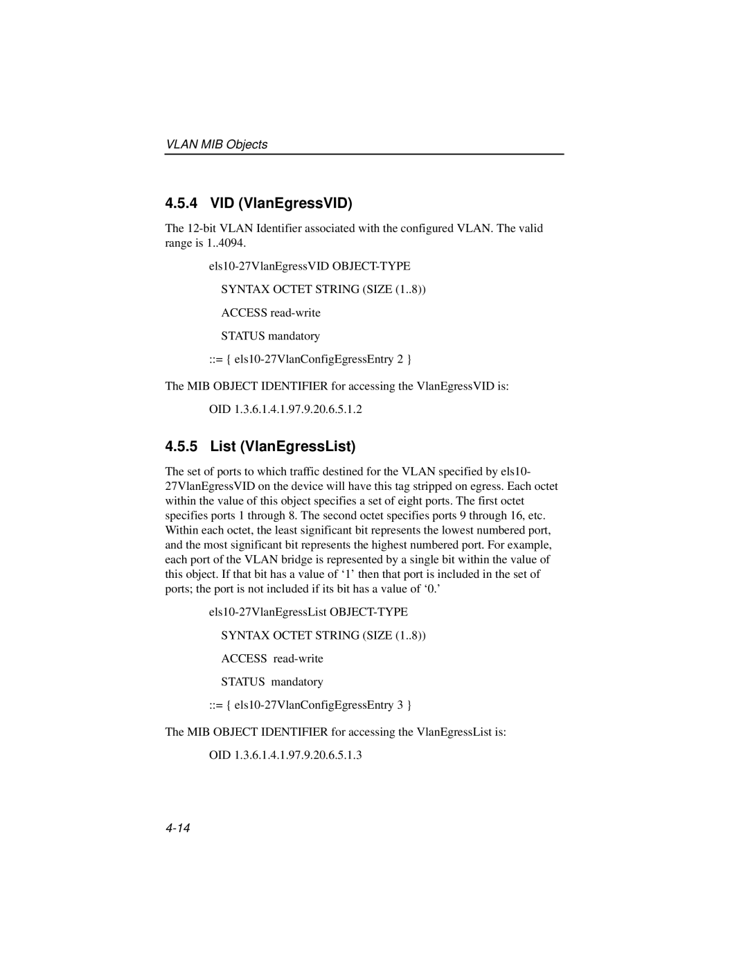 Enterasys Networks ELS10-27TX manual VID VlanEgressVID, List VlanEgressList 