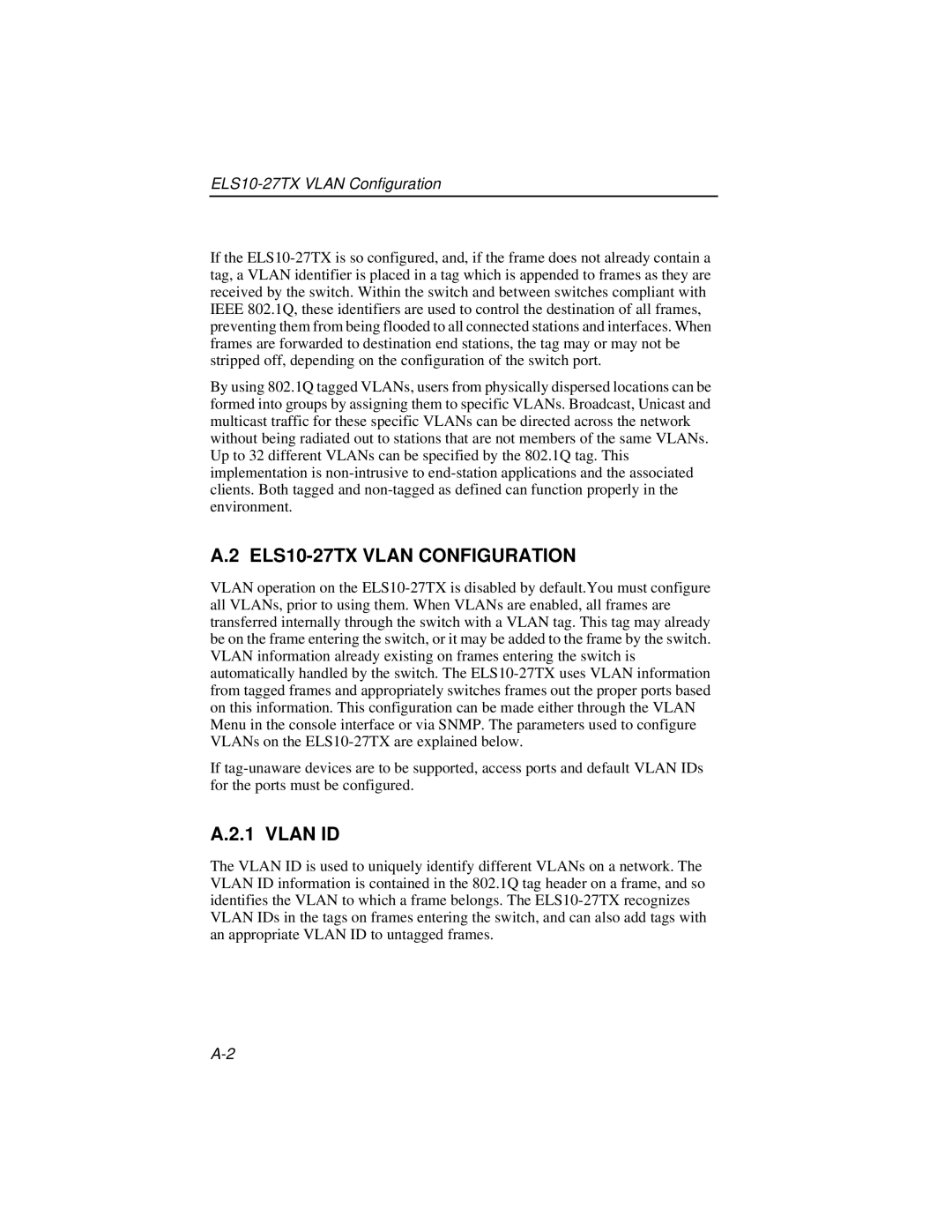 Enterasys Networks manual ELS10-27TX Vlan Configuration, Vlan ID 