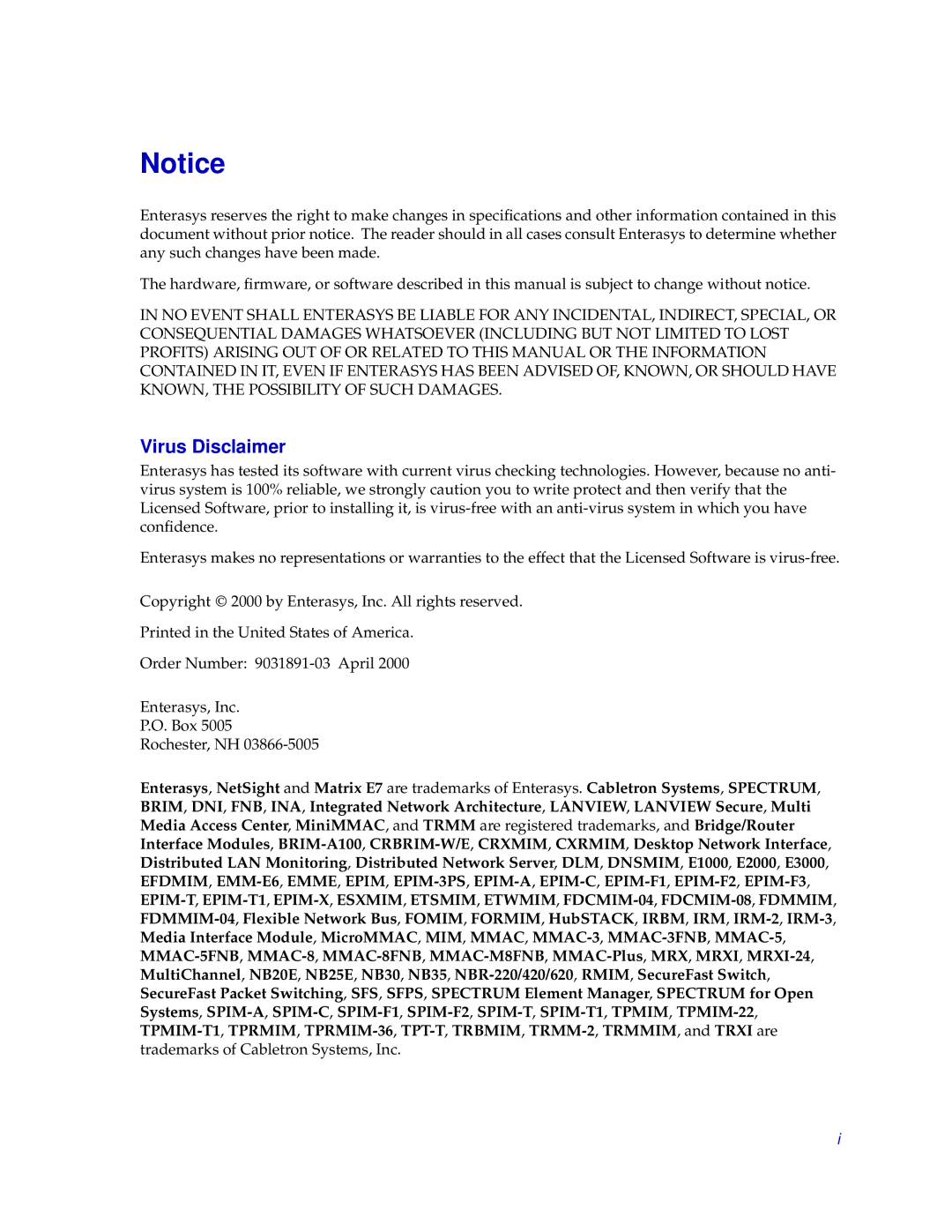 Enterasys Networks ENTERASYS ATX manual Virus Disclaimer 