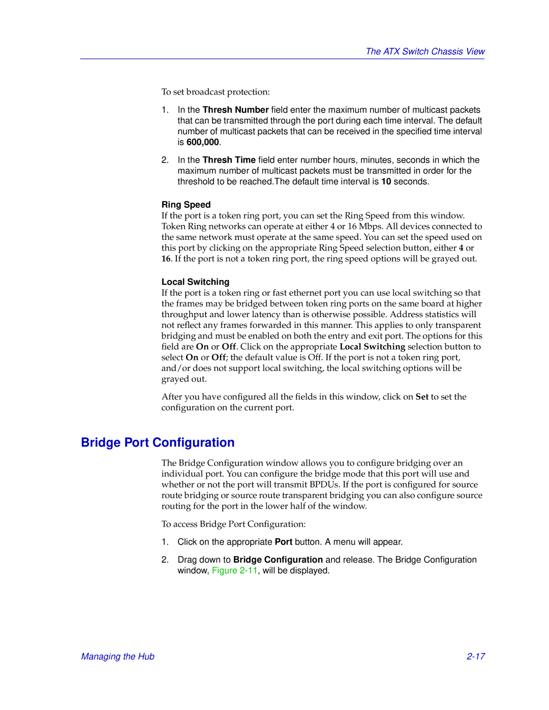 Enterasys Networks ENTERASYS ATX manual Bridge Port Conﬁguration, Ring Speed, Local Switching 