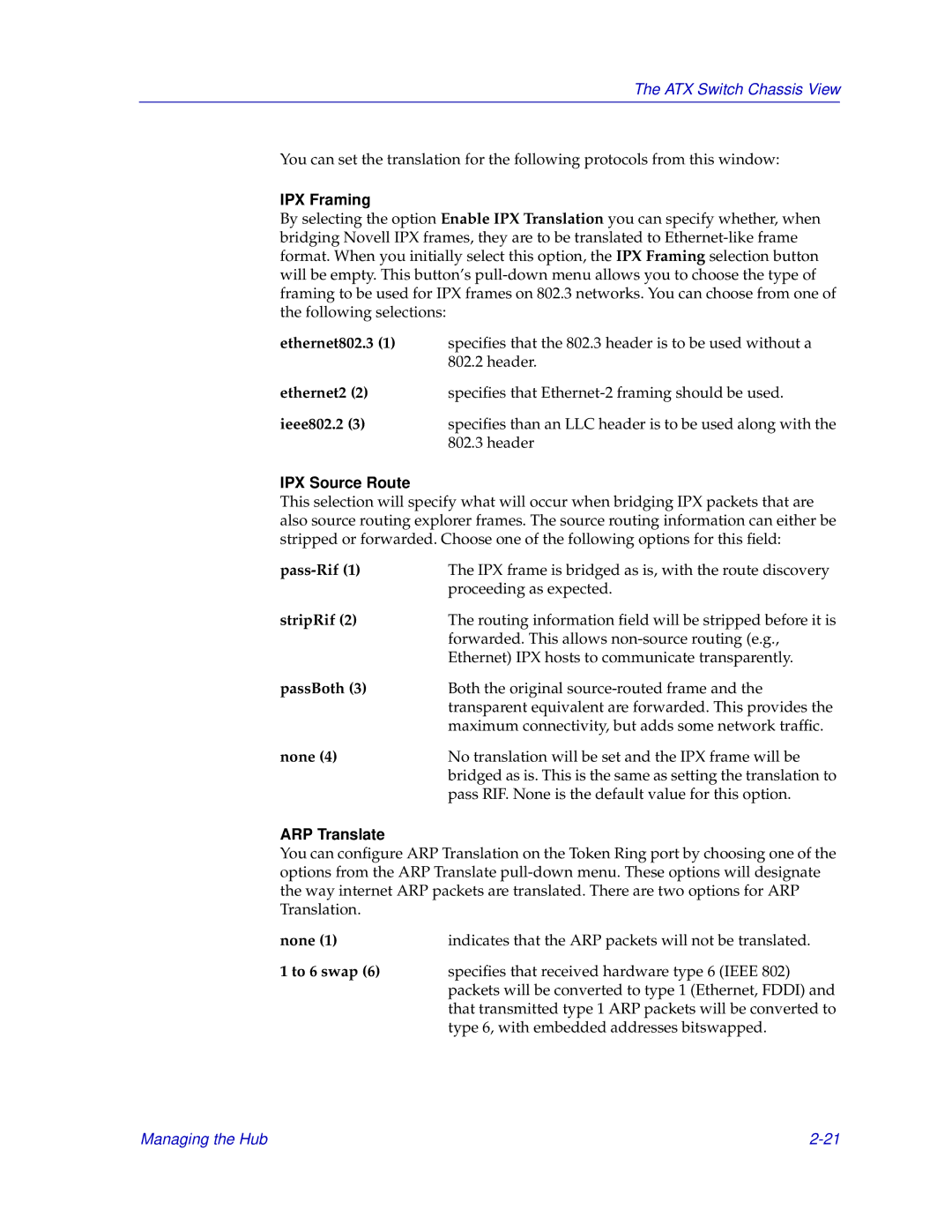 Enterasys Networks ENTERASYS ATX manual IPX Framing, IPX Source Route, ARP Translate 