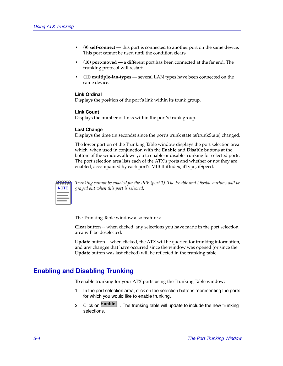 Enterasys Networks ENTERASYS ATX manual Enabling and Disabling Trunking, Link Ordinal, Link Count, Last Change 