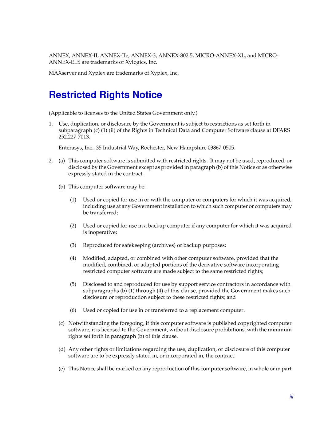 Enterasys Networks ENTERASYS ATX manual Restricted Rights Notice 