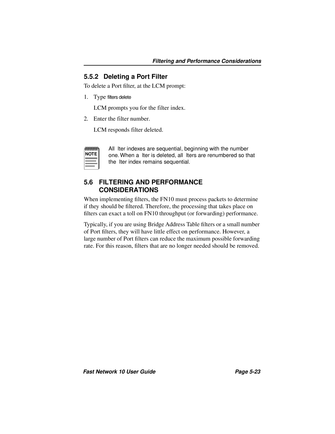 Enterasys Networks Fast Network 10 manual Deleting a Port Filter, Filtering and Performance Considerations 