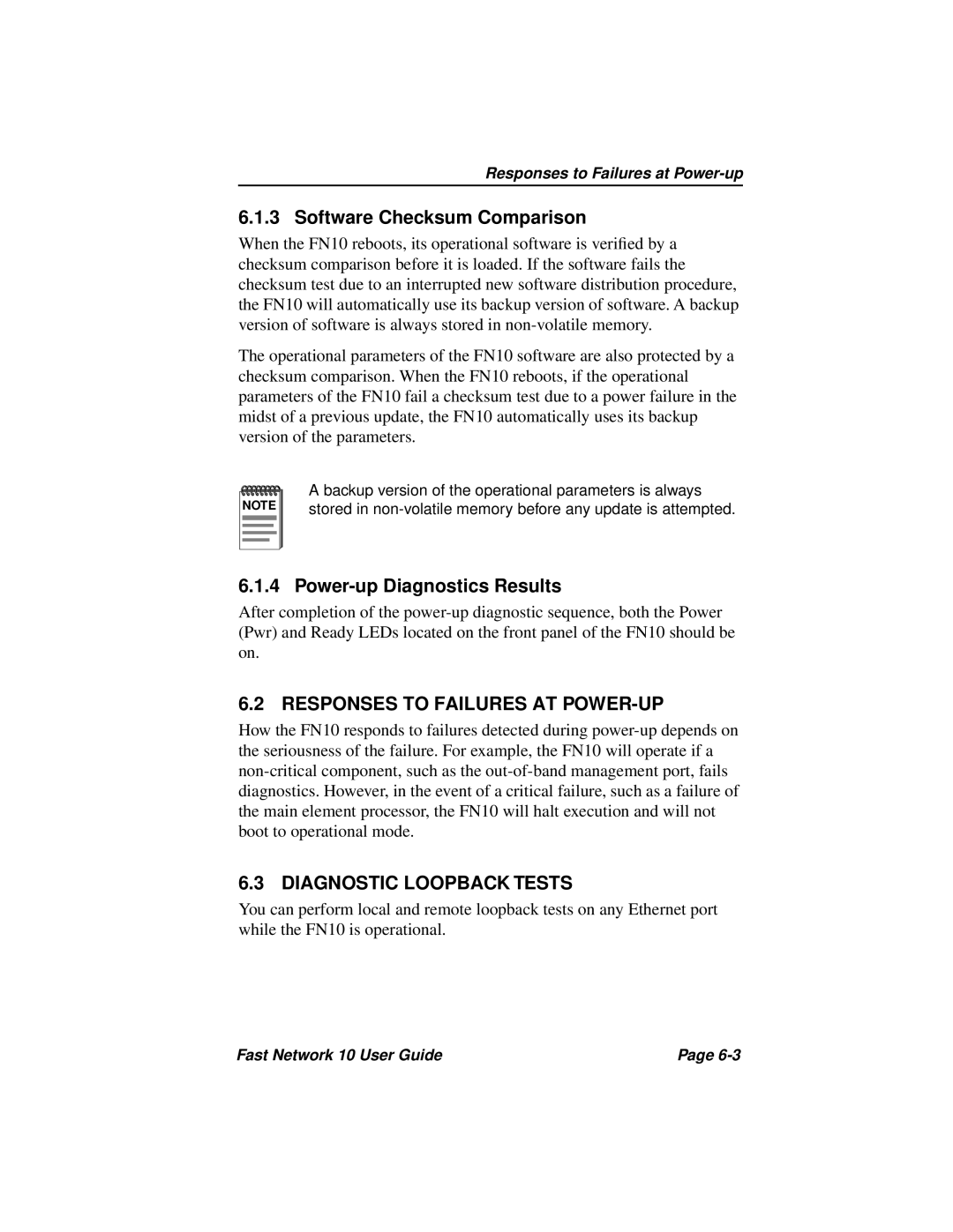 Enterasys Networks Fast Network 10 Software Checksum Comparison, Power-up Diagnostics Results, Diagnostic Loopback Tests 