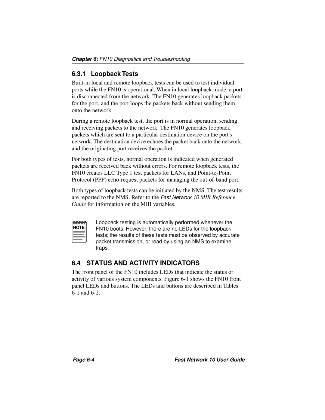 Enterasys Networks Fast Network 10 manual Loopback Tests, Status and Activity Indicators 