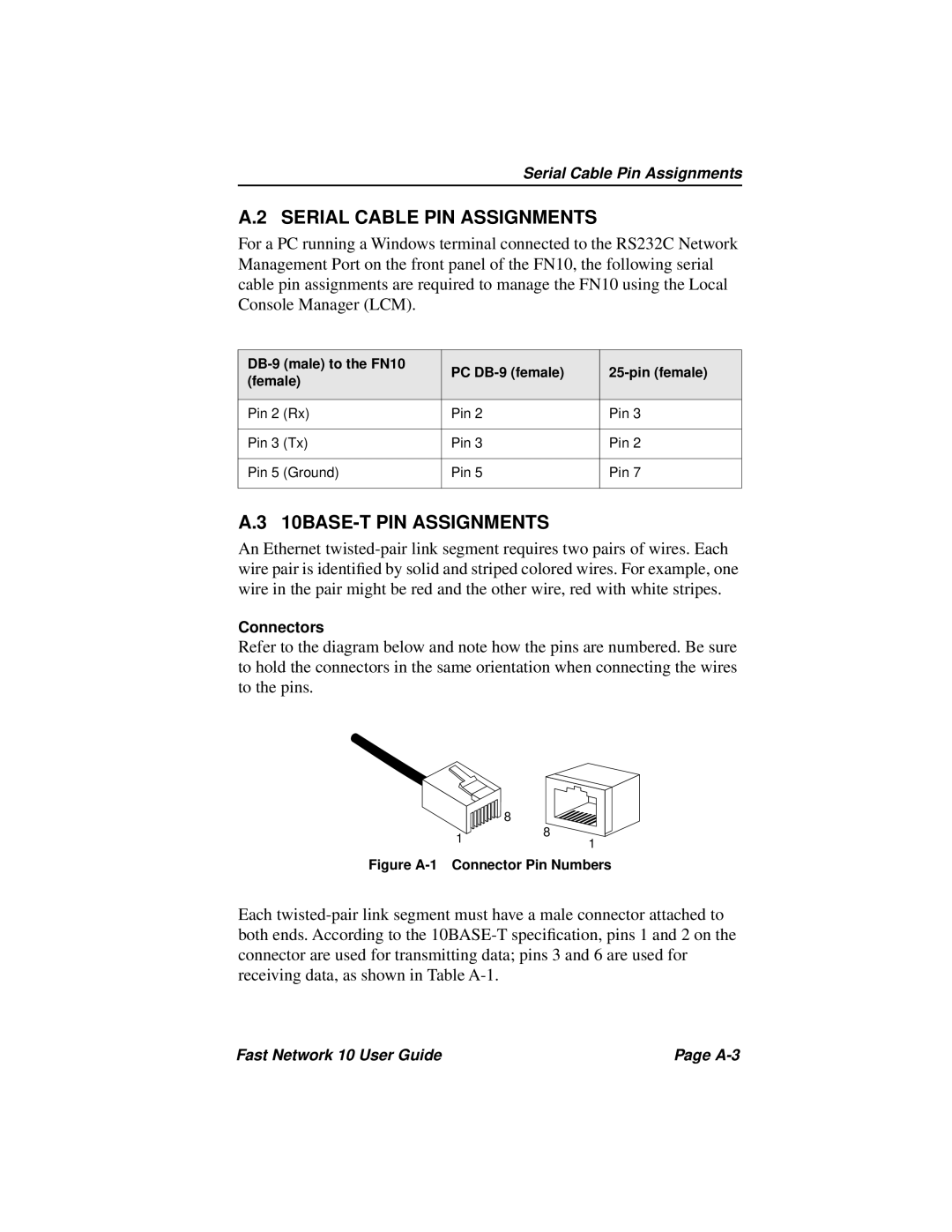 Enterasys Networks Fast Network 10 manual Serial Cable PIN Assignments, 10BASE-T PIN Assignments 