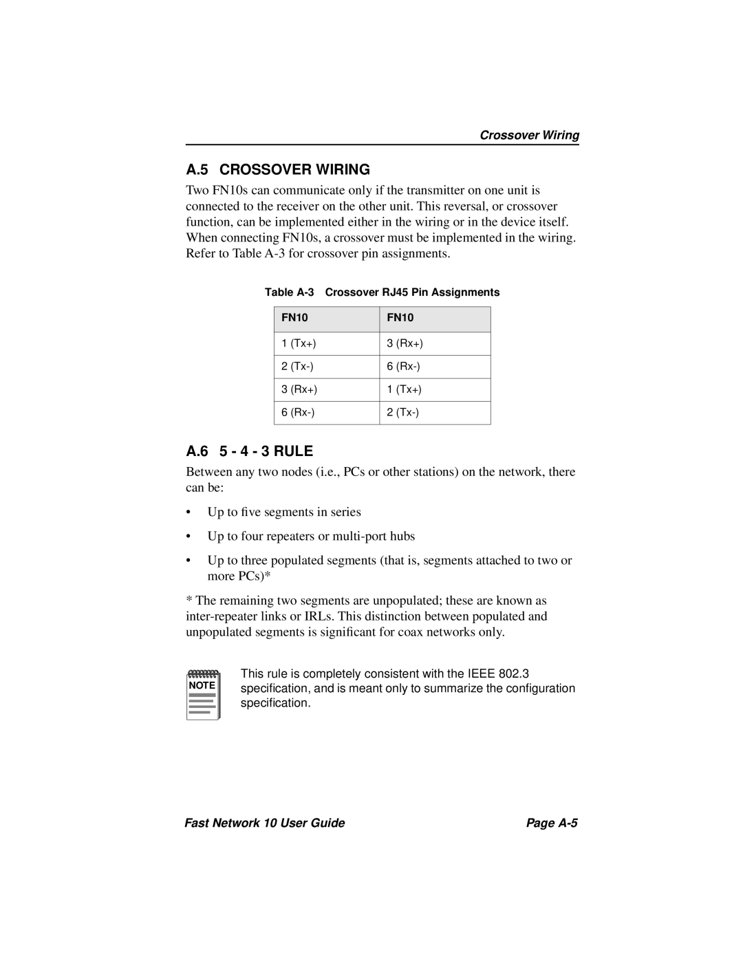 Enterasys Networks Fast Network 10 manual Crossover Wiring, 5 4 3 Rule 