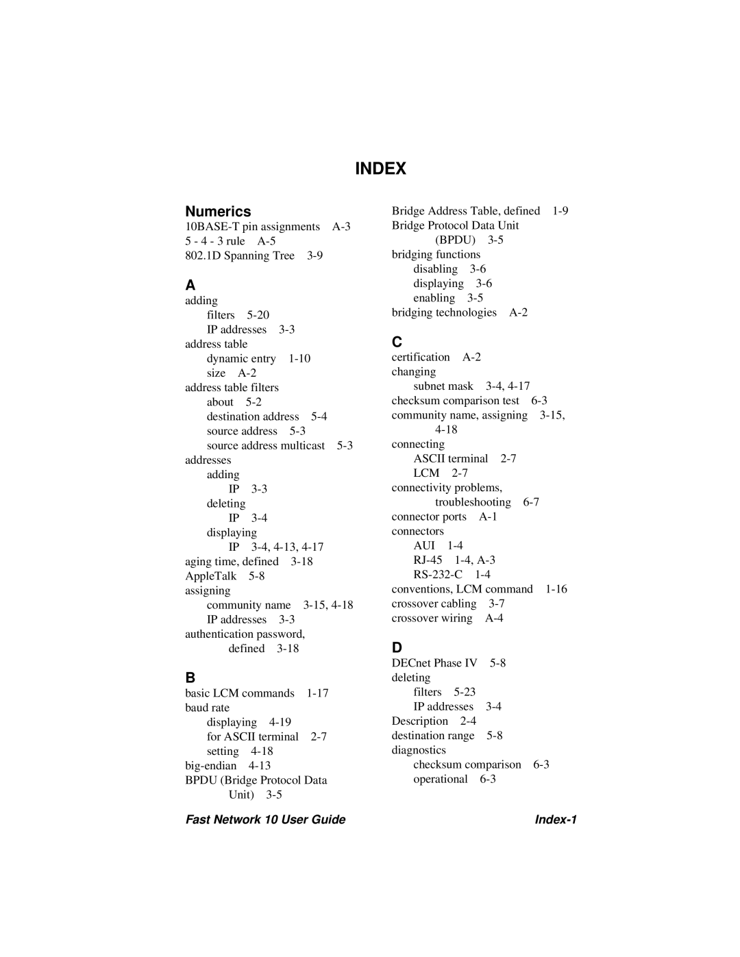 Enterasys Networks Fast Network 10 manual Index, Numerics 