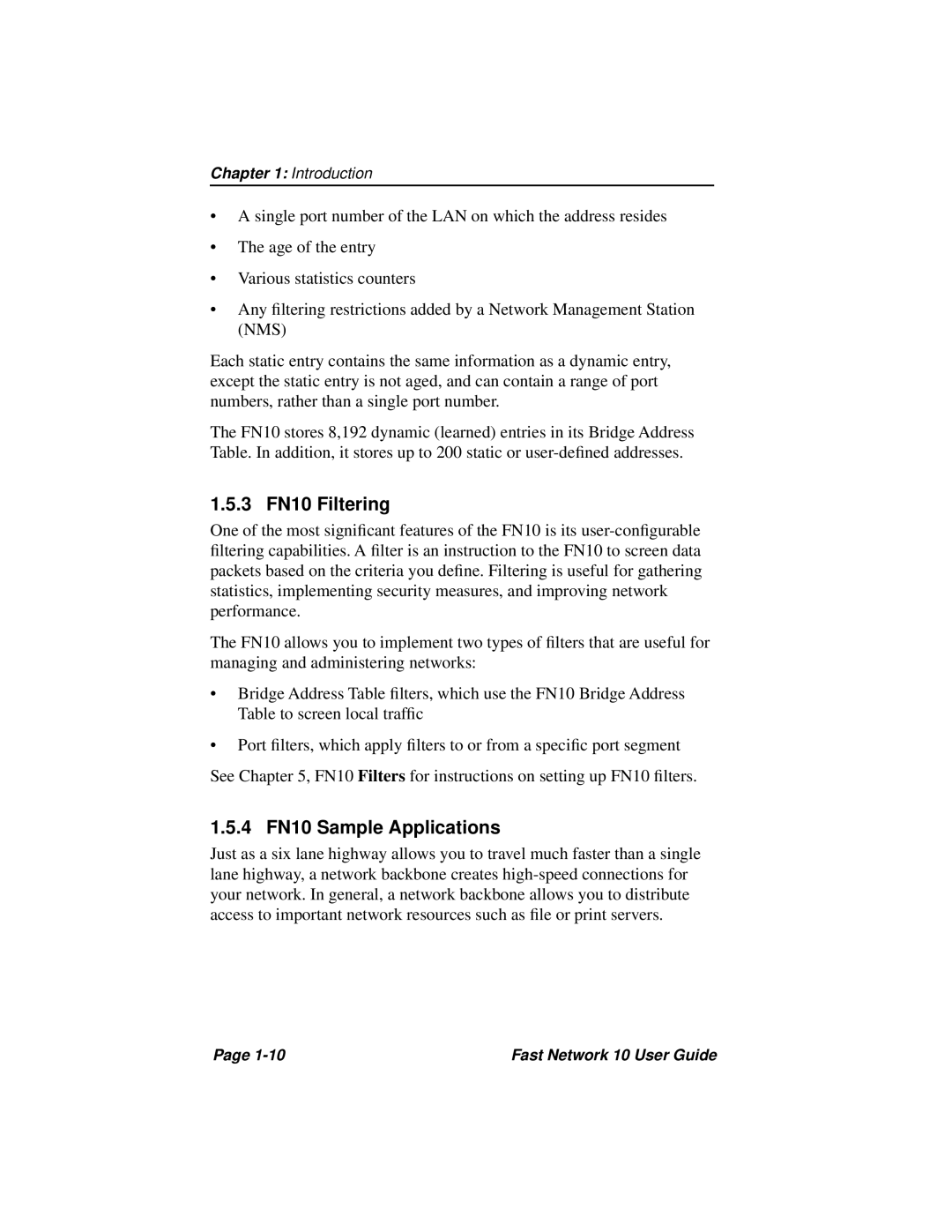 Enterasys Networks Fast Network 10 manual 3 FN10 Filtering, 4 FN10 Sample Applications 