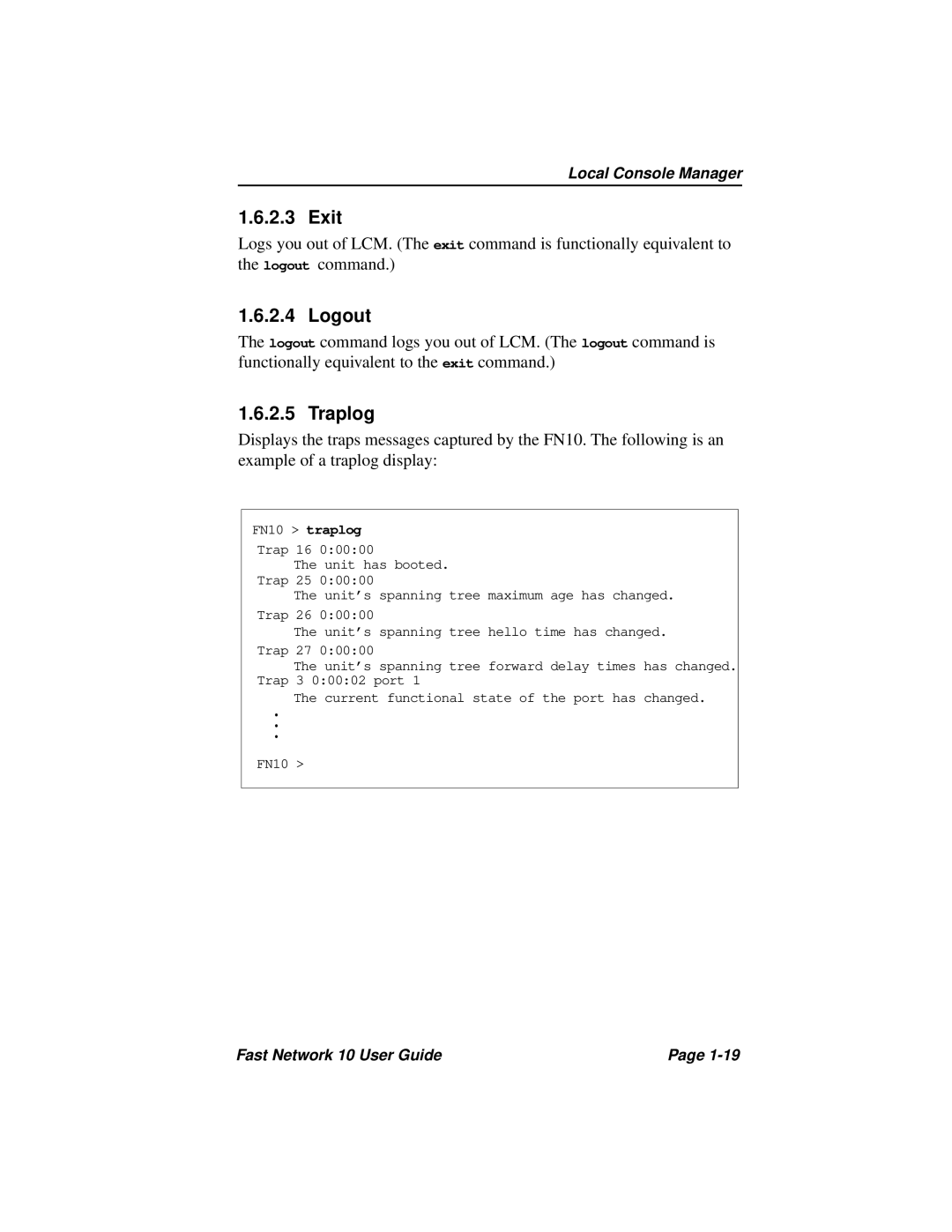 Enterasys Networks Fast Network 10 manual Exit, Logout, Traplog 