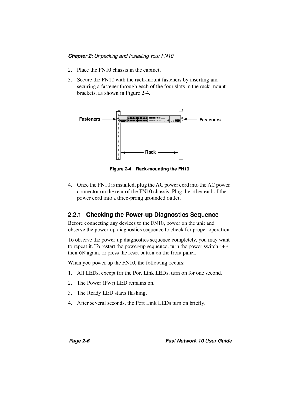 Enterasys Networks Fast Network 10 manual Checking the Power-up Diagnostics Sequence, Rack-mounting the FN10 