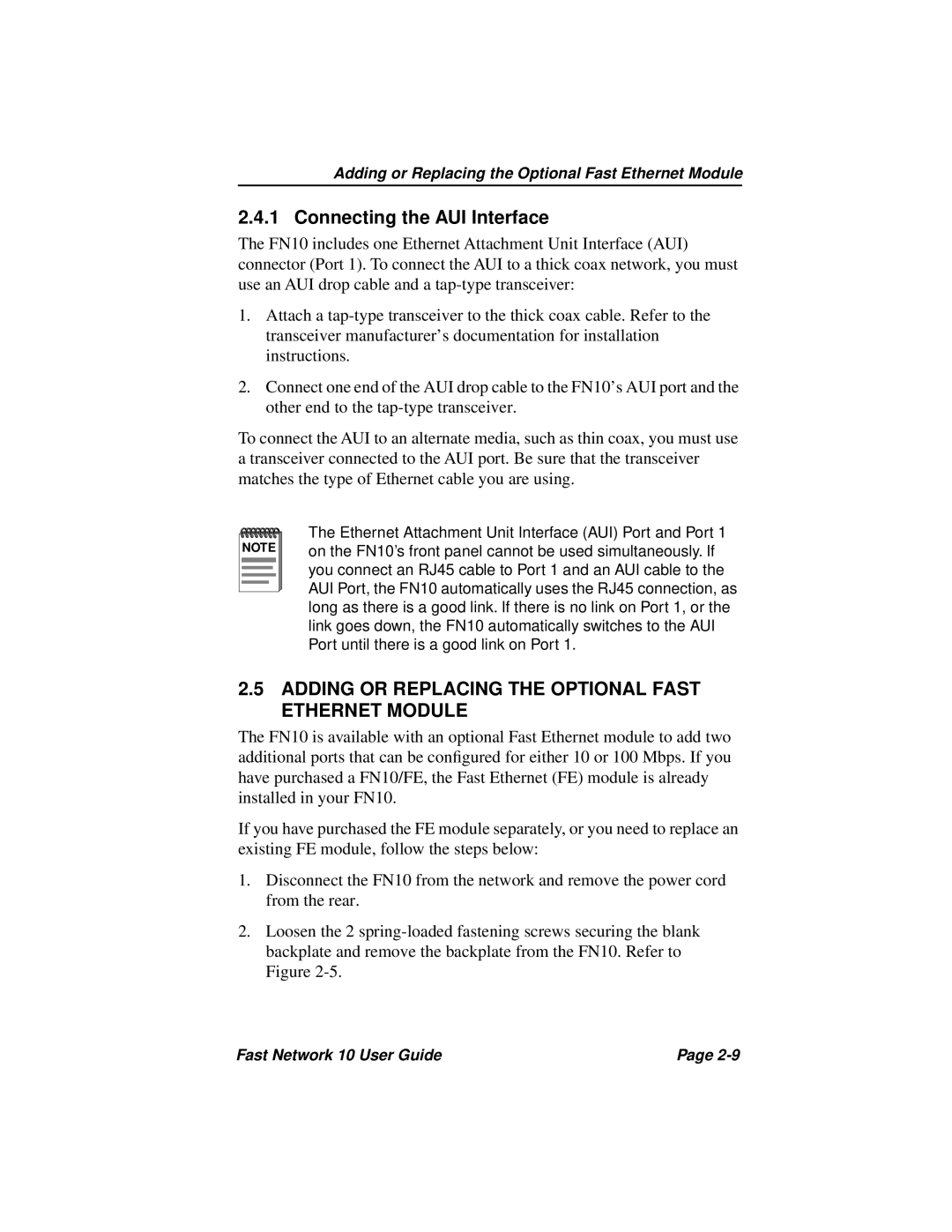 Enterasys Networks Fast Network 10 Connecting the AUI Interface, Adding or Replacing the Optional Fast Ethernet Module 