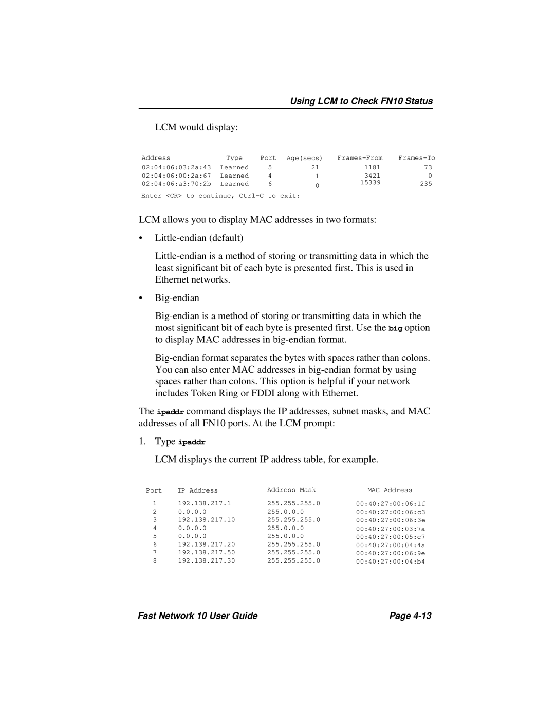 Enterasys Networks Fast Network 10 manual LCM would display 