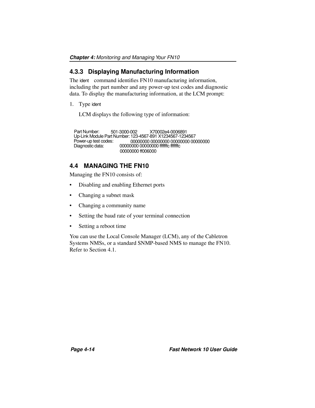 Enterasys Networks Fast Network 10 manual Displaying Manufacturing Information, Managing the FN10 