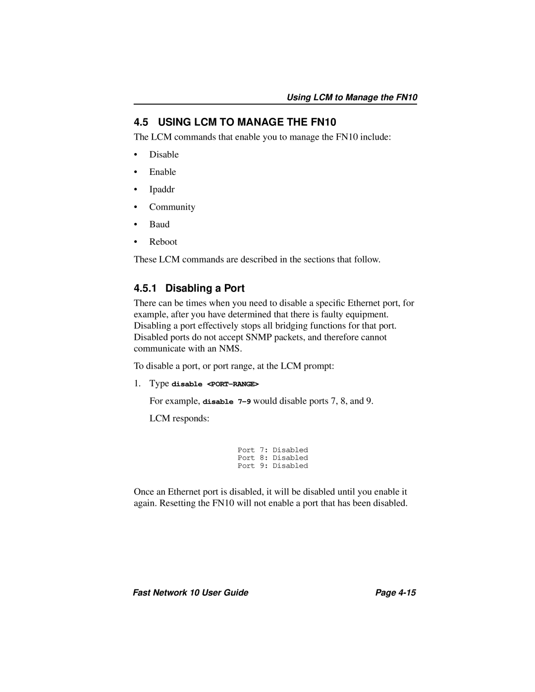 Enterasys Networks Fast Network 10 manual Using LCM to Manage the FN10, Disabling a Port 