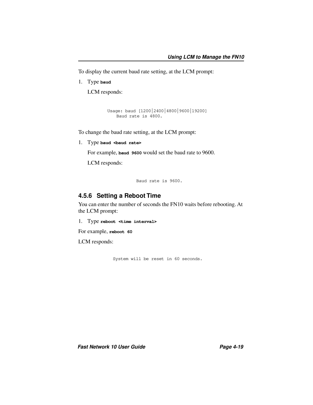 Enterasys Networks Fast Network 10 manual Setting a Reboot Time, For example, reboot LCM responds 